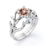 Nature Leaf 0.55 carat Round Morganite and Moissanite Crown Bridal Ring Set in Rose Gold