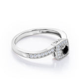 Flush-Prong Halo 1.25 Carat Round Cut Black Diamond Milgrain-Edged Pave Channel Engagement Ring in White Gold