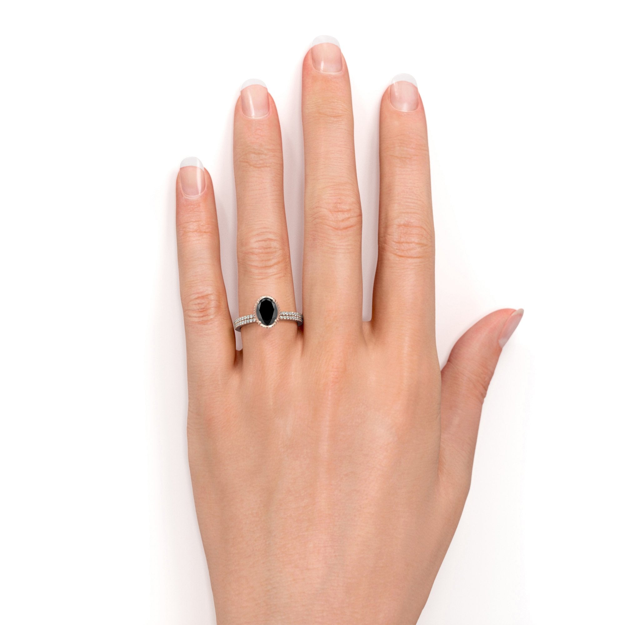1.50 Carat Oval Lab Created Black Diamond Wedding Set for Her - Black Stone Diamond Ring - 10K Black Gold, Women's, Size: 4