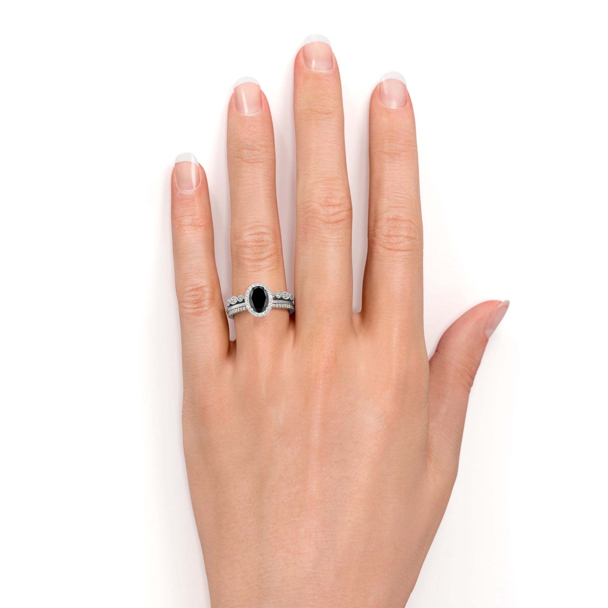 Artdeco 1.75 Carat Oval cut Lab Black Diamond Trio Wedding Bridal Ring ...