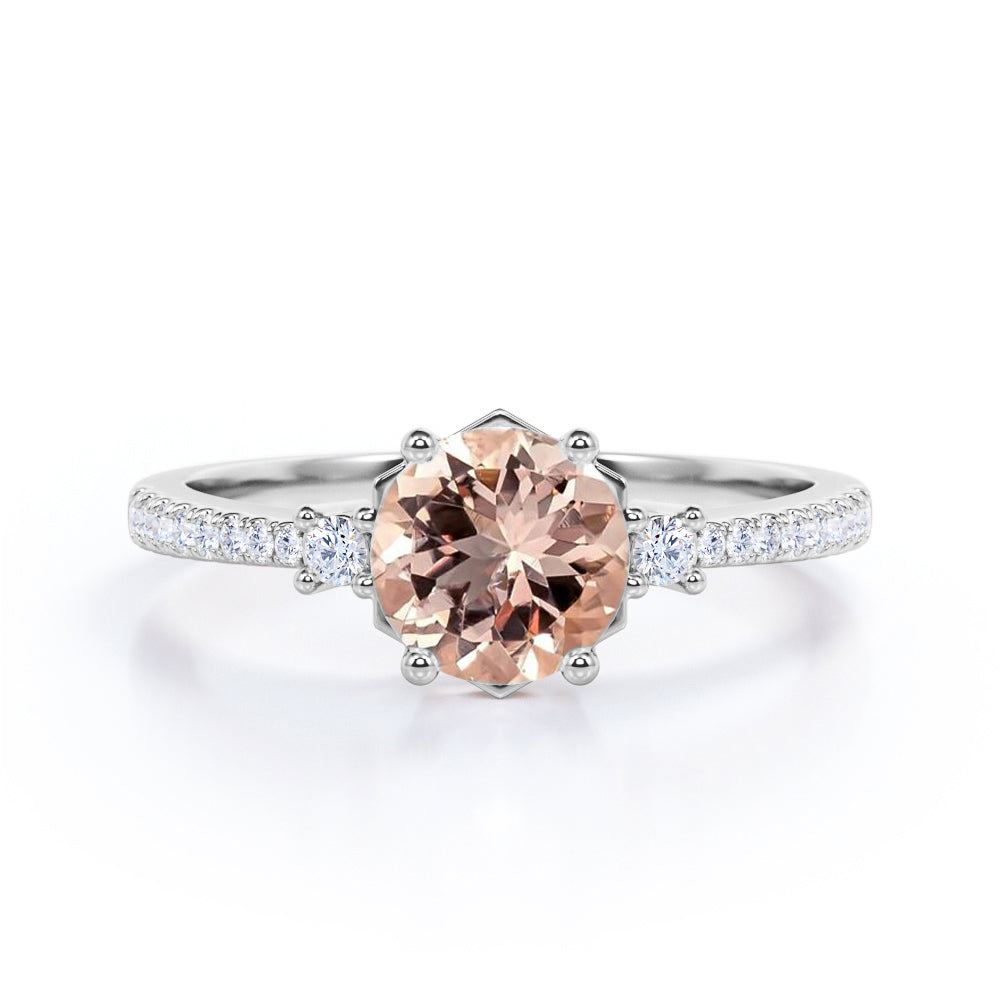 Beautiful 0.65 carat Round Morganite and Moissanite Classic Engagement Ring in Rose Gold For Her