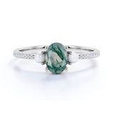 Three Stone 0.8 carat Oval Moss Agate with Pearl and Moissanite Engagement Ring in White Gold