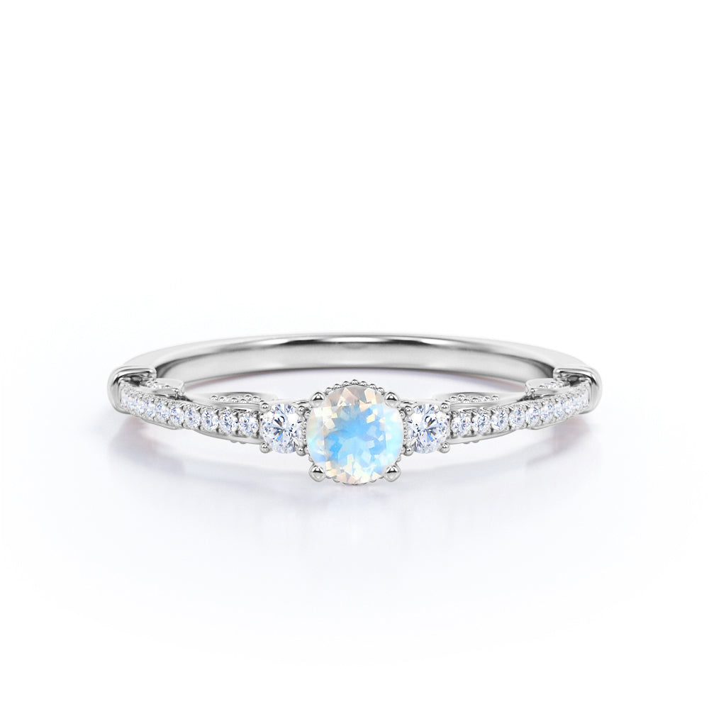 Romantic Crown Basket 0.8 carat Round Moonstone and Moissanite Engagement Ring in Rose Gold