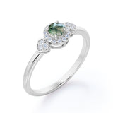 Double Hearts 0.7 carat Round Moss Agate and Moissanite Halo Engagement Ring in White Gold
