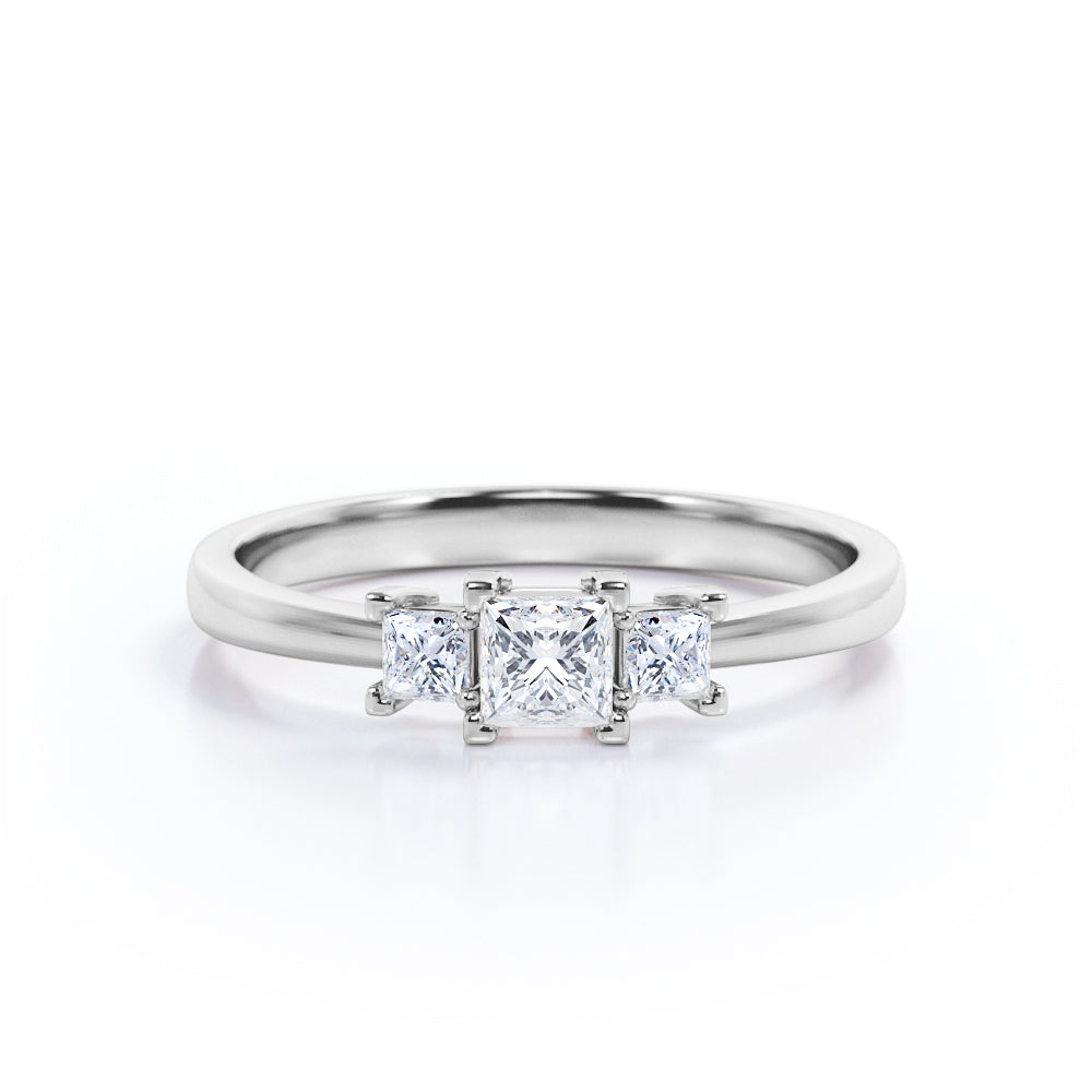 Elegant and Classy 0.8 carat Princess Moissanite and diamond Three Stone Engagement Ring in White Gold