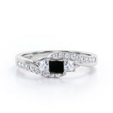 Trellis Three Stones 1 carat Princess Black Diamond Braided Engagement Ring in Rose Gold