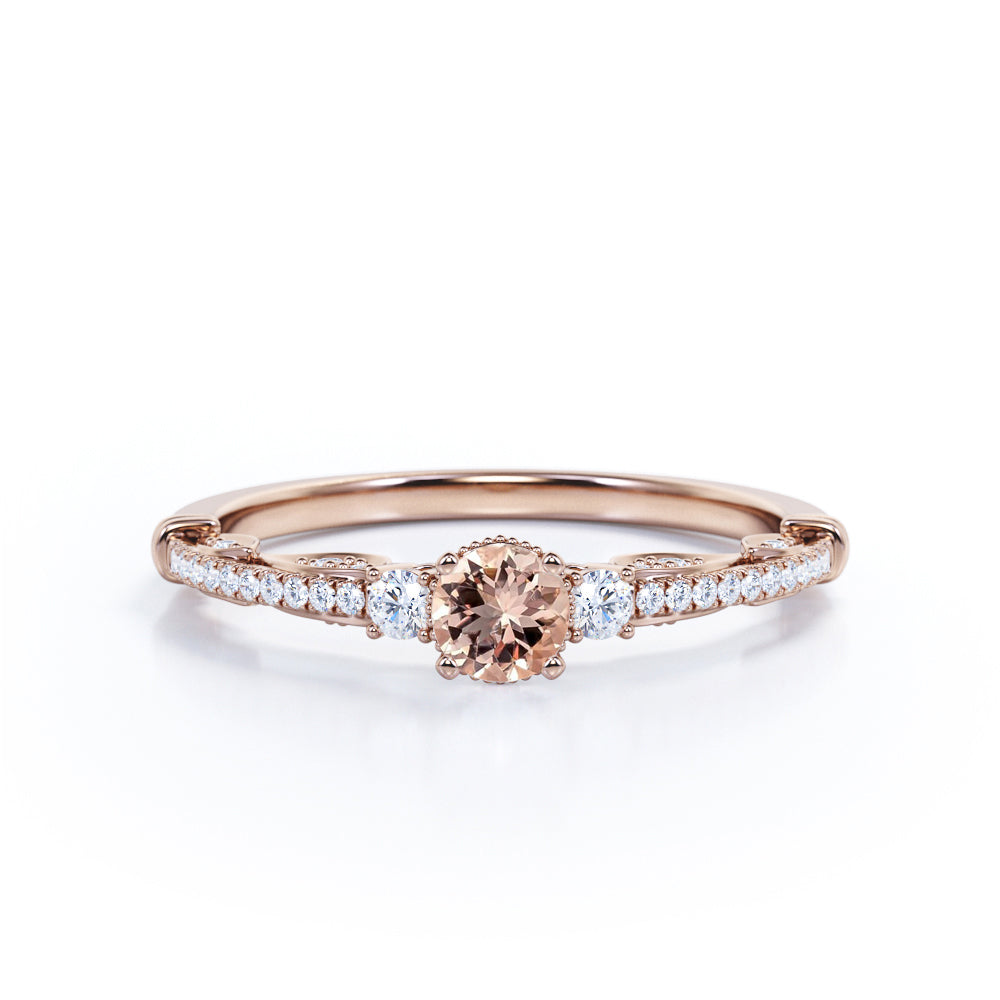 Decorative Basket Setting 0.85 carat Round Morganite and Moissanite Lovely Engagement Ring in White Gold