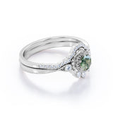 Exceptional Handcrafted Flower 0.8 carat Round Moss Agate and Moissanite Wedding Set in White Gold