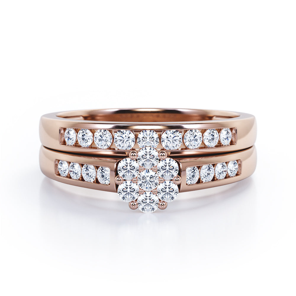 Flower Cluster Design 0.5 TCW Round-Shaped Moissanite and Diamond Flush-Channel Bridal Ring Set in  Black Gold