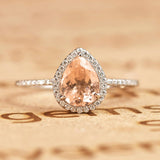 1.50 Carat Pear Cut Real Peach Pink Morganite Halo Engagement Ring in 18k White Gold over Silver