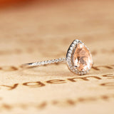 1.50 Carat Pear Cut Real Peach Pink Morganite Halo Engagement Ring in 18k White Gold over Silver