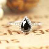 Pave 1.75 Carat Pear Cut Lab Black Diamond and Vintage Engagement Ring in White Gold
