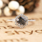 Hexagon Halo 1.50 ct Round Black Rutilated Quartz Engagement Ring