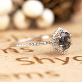 Hexagon Halo 1.50 ct Round Black Rutilated Quartz Engagement Ring