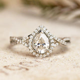 Infinity Style 1.50 Carat Teardrop Shape Moissanite and Diamond Halo Engagement Ring in White Gold