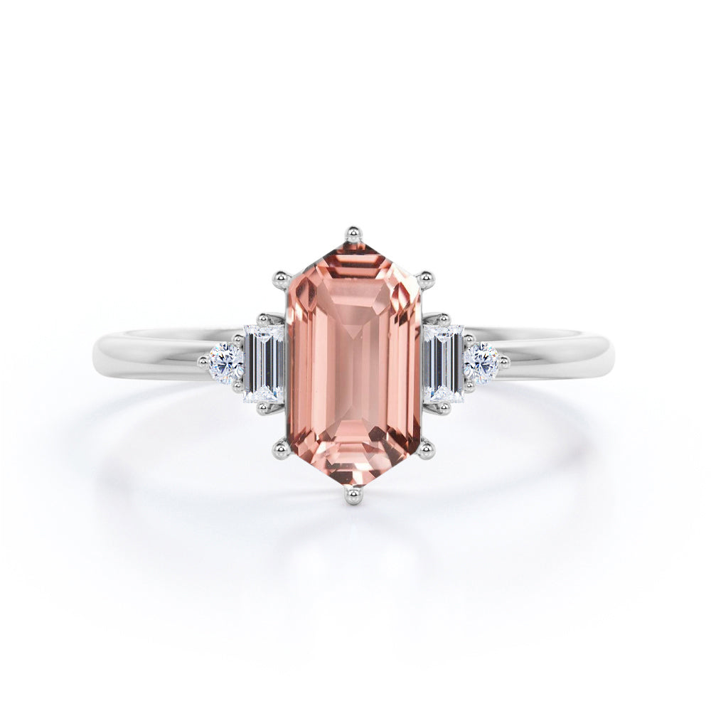 Five Stone Natural 0.5 carat Hexagon Morganite and Moissanite Minimal Style Engagement Ring in Rose Gold