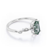 Vintage Wavy Milgrain 0.5 carat Hexagon Moss Green Agate and Diamonds Engagement Ring in Rose Gold