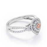 Pear-Shaped Double Halo - 1.7 Carat Round Cut Morganite and diamond - Pave Split Shank Engagement Ring in White Gold