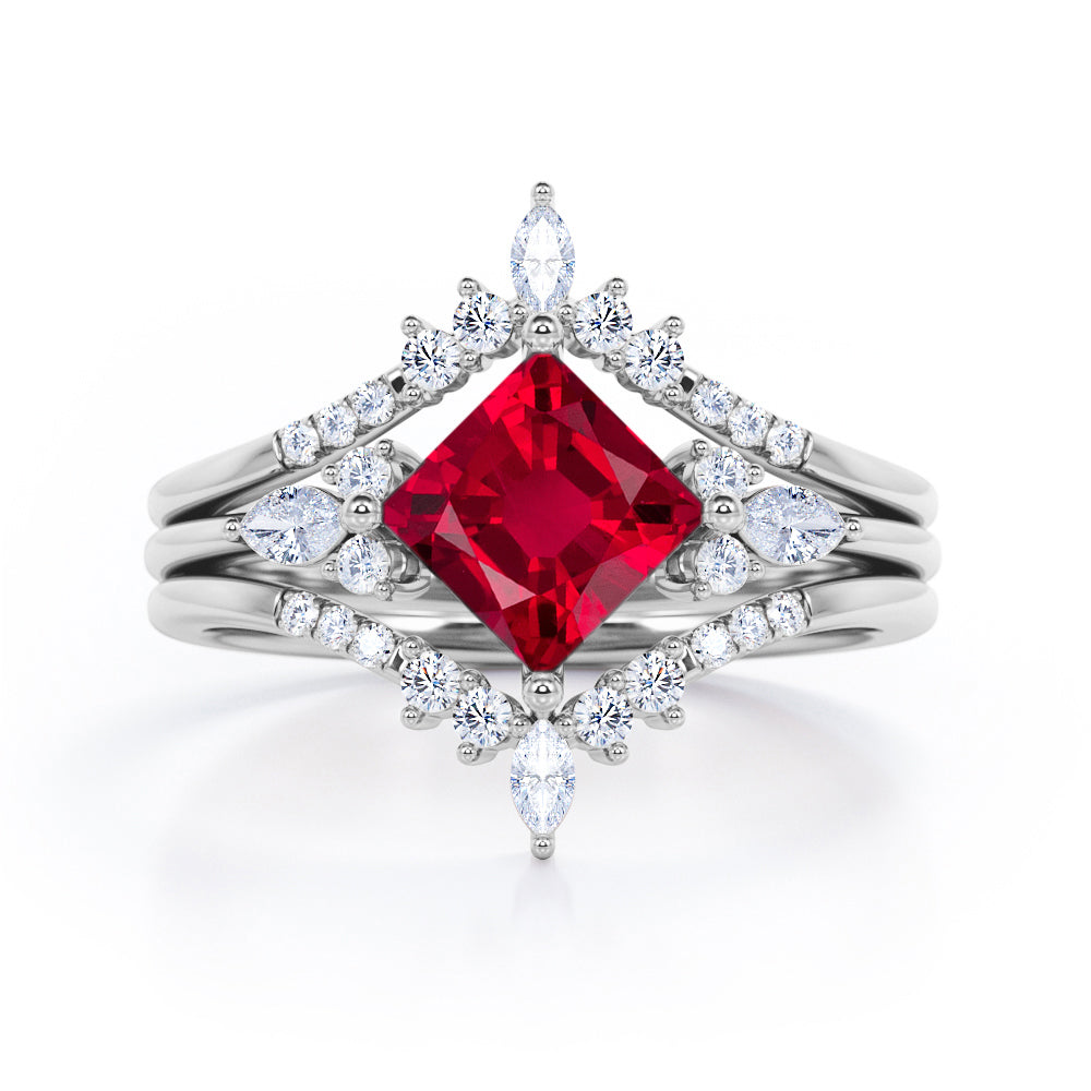 Double Crown 1.25 ct Princess Lab-Created Ruby Trio Bridal Set