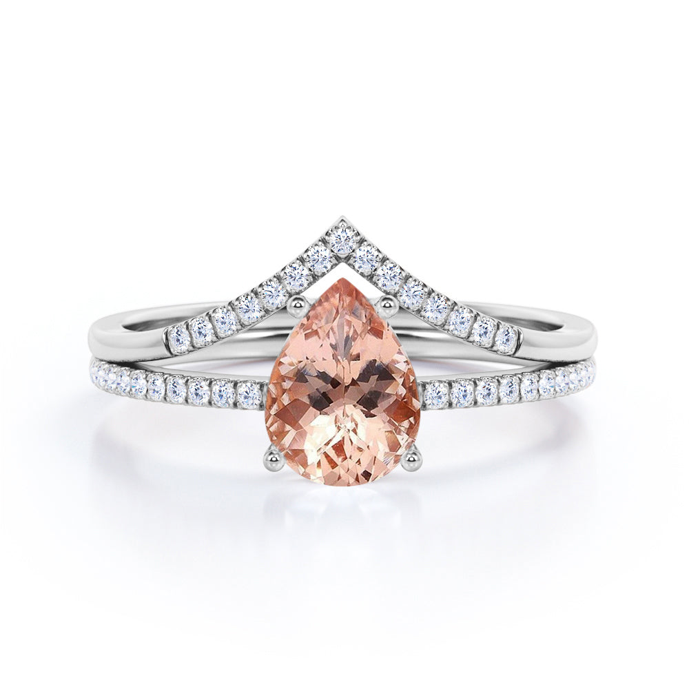 Classic Paved 1.35 carat Pear Morganite and Moissanite Wedding Ring Set For Them in Rose Gold