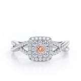 Pave Crossover - 1.25 Carat Round Cut Morganite and diamond - Flush Cluster Halo Engagement Ring in White Gold