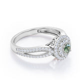 Double Halo Cluster 1.8 Carat Round-Shaped Green Moss Agate and diamond Split-Shaked Milgrain Pave Engagement Ring in Rose Gold