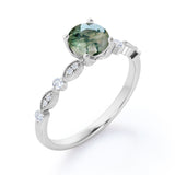Art Deco 1 Carat Round Moss Agate and Moissanite Scalloped Engagement Ring in White Gold