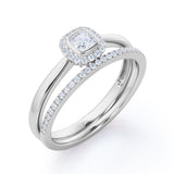 Bezel 1 carat Cushion Moissanite and Diamond Halo Wedding Ring For Her in White Gold