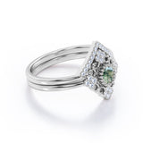 Decorated Kite Shape 0.8 carat Round Green Moss Agate and Moissanite Bridal Ring Set in White Gold