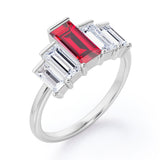 Graduated Baguette 1.5 carat Lab Ruby and Cubic Zirconia Engagement Ring in White Gold