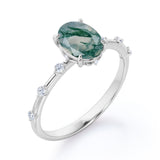 Tapered 0.6 Ct Oval Green Moss Agate Engagement Ring