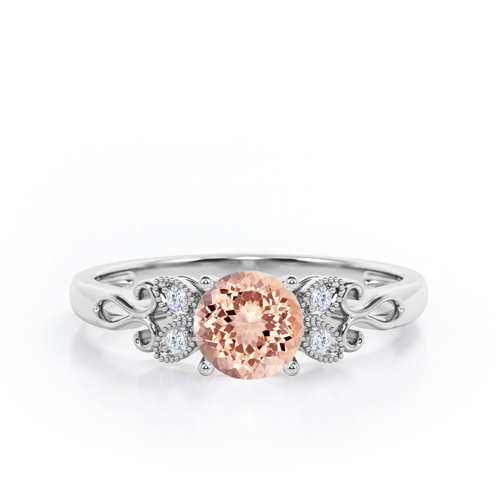 Tiny Butterfly 0.5 carat Round Morganite and Diamond Vintage Engagement Ring in Rose Gold