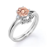 Artistic Petite Leaf 0.55 carat Hexagon Morganite and Moissanite Minimal Bridal Ring Set in Rose Gold