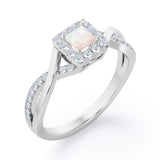 1.25 Carat Princess Cut Opal and diamond - Half Crossover Pave - Halo Engagement Ring in White Gold