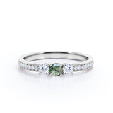 Elegant Trilogy 1.25 carat Round Moss Green Agate and Moissanite Promise Ring in White Gold