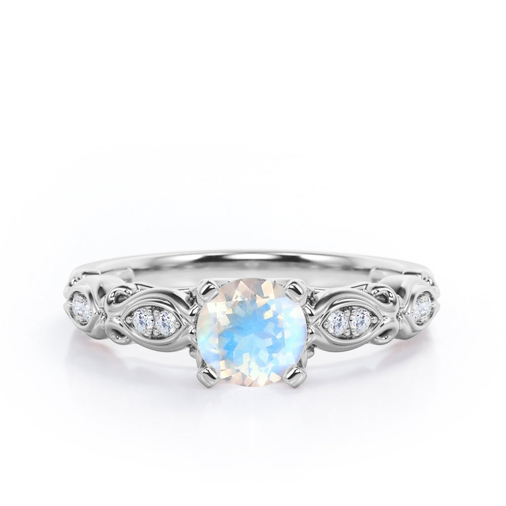 Decorative Basket Prong 0.5 carat Round Moonstone and Diamond Nature-Inspired Ring in Rose Gold