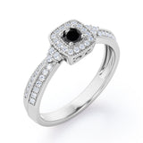 Double Pave Channel 1.5 Carat Round-Shaped Black Diamond Halo Cluster Engagement Ring in  White Gold