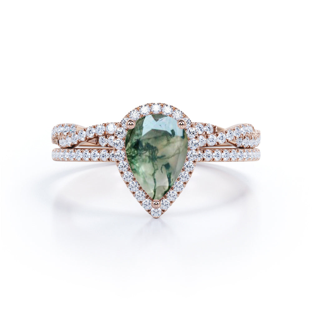 Halo Infinity 1.5 Carat Pear Cut Moss Agate Bridal Set