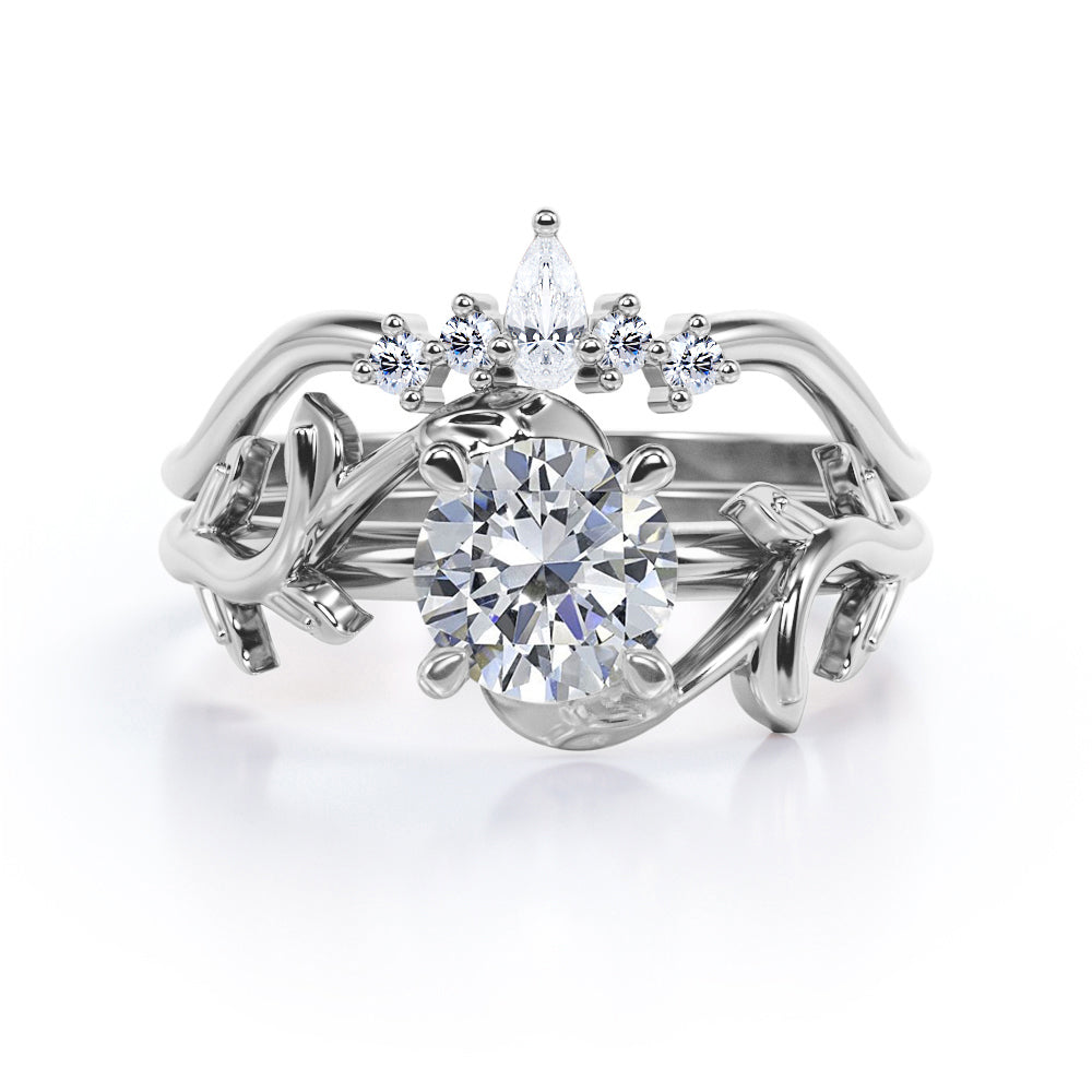 Double Curve Nature-Inspired 0.6 carat Round Moissanite and Diamond  Bridal Ring Set in Rose Gold