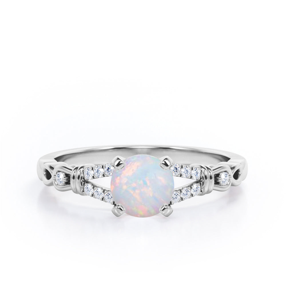 Split Shank 0.6 carat Round Opal and Diamond Engagement Ring in Rose Gold