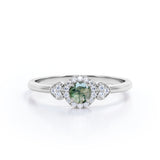 Double Hearts 0.7 carat Round Moss Agate and Moissanite Halo Engagement Ring in White Gold