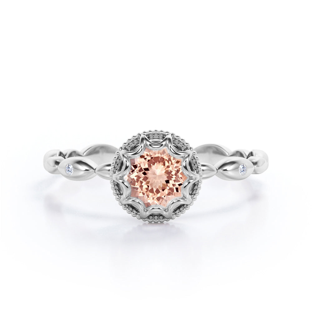 Vintage Scalloped 0.5 carat Round Morganite and Moissanite Beaded Band in Rose Gold