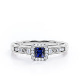 Infinity Milgrain - 1.15 Carat Princess Cut Blue Sapphire and diamond - Petite Pave Channel - Halo Engagement Ring in White Gold