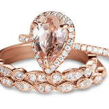 1.50 Carat Pear Cut Real Morganite Art Deco Trio Bridal Set in 18k Rose Gold over Silver