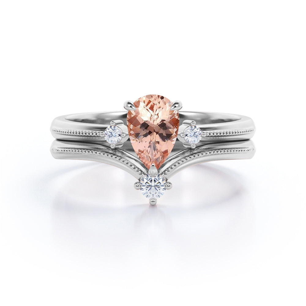 Perfect Match Nestled Ring 0.65 carat Pear Morganite and Moissanite Wedding Ring Set in Rose Gold
