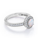 Decorative Halo 1 carat Round Opal and Diamond Milgrain Engagement Ring in White Gold