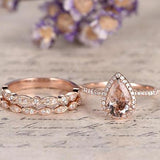 1.50 Carat Pear Cut Real Morganite Art Deco Trio Bridal Set in 18k Rose Gold over Silver