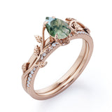 Leaf Inspired 1.25 Ct Pear Cut Moss Agate Wedding Ring Set