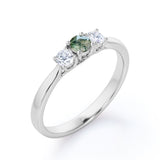 Classic trio ring - 1 carat Round Moss Agate and Moissanite Promise Ring in White Gold