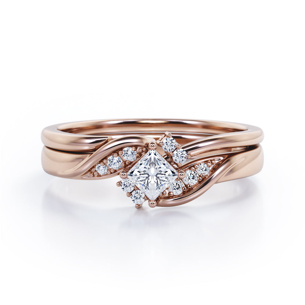 Petite Pave-Channel - 0.55 TCW Rhombus Princess Cut Moissanite - Prong Tensioned Wedding Ring Set -  Black Gold